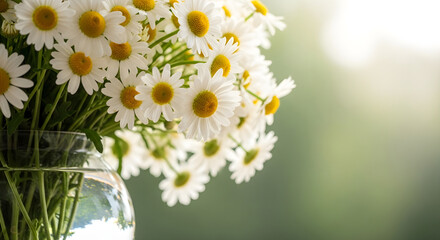 Bright white daisy bouquet in a glass vase with soft green background