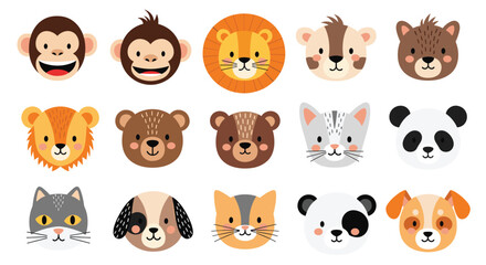 Fototapeta premium A collection of cute cartoon animal faces including monkeys, lions, bears, cats, pandas, and dogs, suitable for children's designs.