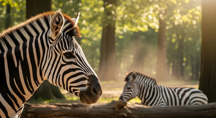 Majestic zebra and foal bathed in golden sunlight