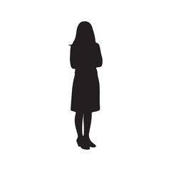 Black vector illustration of a businesswoman silhouette with a fashionable dress and model body perfect for people and business projects