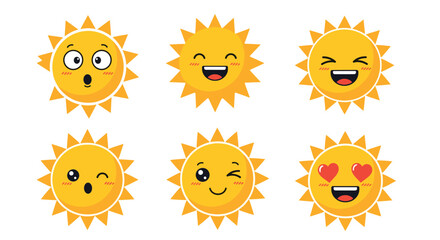 Cute cartoon sun faces displaying various emotions like happiness, surprise, winking, and love, isolated on a white background.