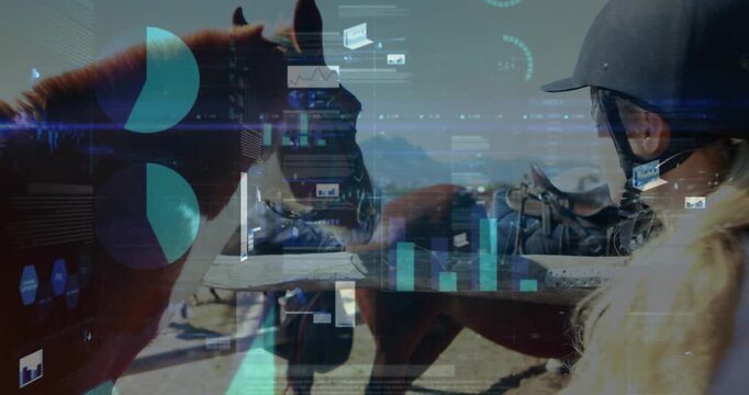 School-age boy approaching horses and stroking neck while icons marking tack inspection education