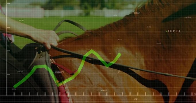 Woman riding horse adjusting helmet as graph tech overlays tracking metrics while friend joining