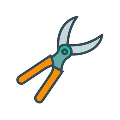 Stylized graphic of garden shears with grey blades and orange handles on black backdrop