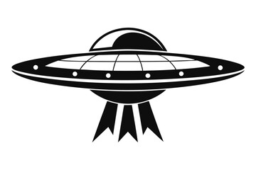 Retro black UFO spacecraft hovers mysteriously, seemingly ready for an interstellar mission