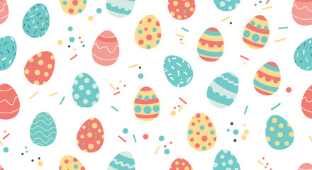 Seamless pattern of colorful Easter eggs with various designs and sprinkles on a white background, perfect for a festive holiday celebration.