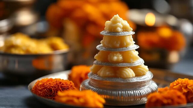A modak tower sculpted for a Ganesh Chaturthi feast intricately stacked sweets adorned with edible silver foil surrounded by marigold flowers modak tower Ganesh feast silver