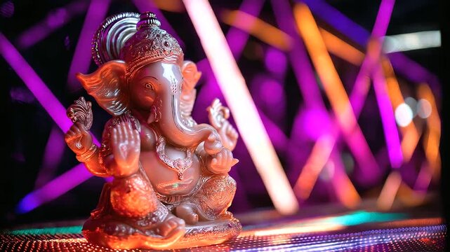 A modern Ganesh Chaturthi with a holographic Ganesha idol projected in a high tech home family performing virtual puja with digital modaks LED lights creating a festive vibe