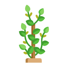 Flat design potted plant illustration with green leaves and brown stem