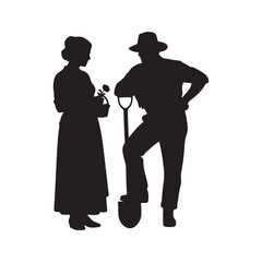 Black vector silhouettes of people: a man, a woman, and a man holding a gun illustration