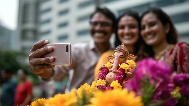 A modern Ganesha idol made of recycled materials displayed in an urban park with eco friendly decorations families taking selfies eco Ganesha idol recycled materials urban par