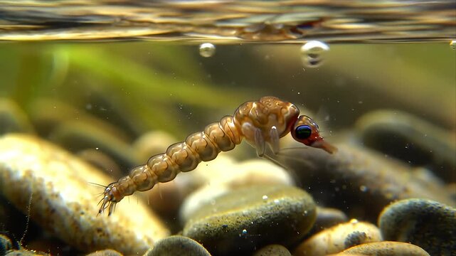 Fascinating detailed macro close-up of a mosquito larva swimming underwater near the surface Observe the aquatic insects segmented body distinctive eyes and bre
