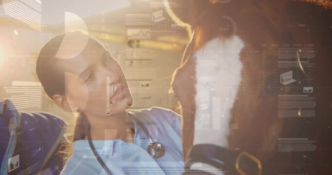 Veterinarian entering stable showing animated heart icon during horse heartbeat listening for check