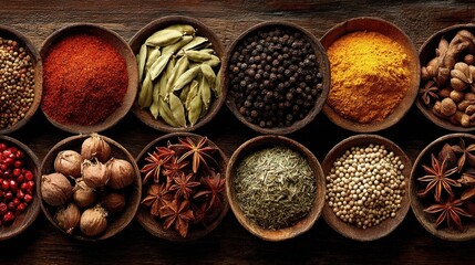 Vibrant Culinary Mosaic: A Rustic Top-Down View of Aromatic Spices in Dark Wooden Bowls