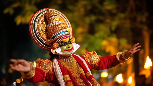 A night Onam festival with a Kathakali dancer in vibrant makeup performing under torchlights audience captivated by dramatic gestures starry sky above Kathakali Onam vibrant