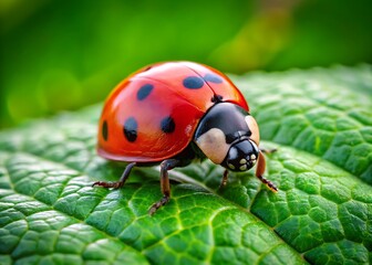 Naklejka premium Close up of a red ladybug with black spots crawling on a textured green leaf in bright daylight insect