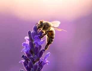 Close-up of a bee collecting pollen from a lavender flower