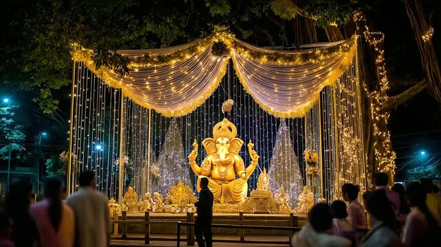 A night view of a pandal decorated for Ganesh Chaturthi with twinkling lights large Ganesha statue at the center visitors queuing for darshan under a canopy of stars Ganesh pand