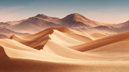 Naklejka premium Serene Desert Dunes Under Majestic Mountain Backdrop at Dawn