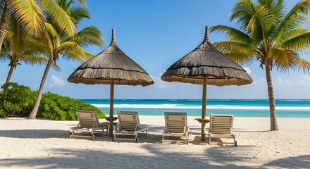 A luxurious tropical getaway with two palapas and empty loungers on a white sand beach facing a beautiful ocean.