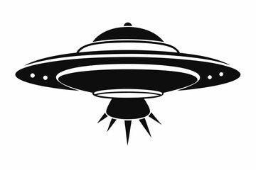 Simple black silhouette reveals a classic flying saucer over white background with design
