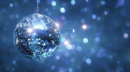 Shimmering Disco Ball Reflecting Light Amidst a Dreamy Blue Bokeh Background