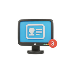 3d illustration of computer monitor displaying a profile card with notification isolated on transparent background