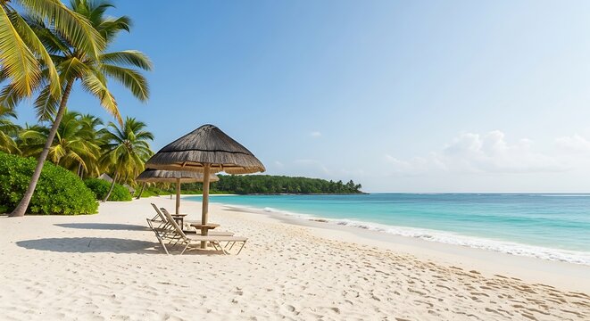 A luxurious tropical getaway with two palapas and empty loungers on a white sand beach facing a beautiful ocean.
