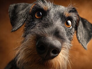Close-up portrait of a curious brown and black terrier dog looking into the camera with a cloudy sky background, showing expressive eyes and wet nose detail