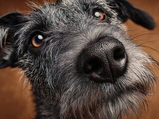 Close-up portrait of a curious brown and black terrier dog looking into the camera with a cloudy sky background, showing expressive eyes and wet nose detail