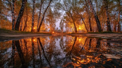 Obraz premium Enchanting Autumn Forest Reflection in Puddle with Warm Streetlight Glow