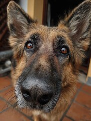 Close-up portrait of a curious brown and black terrier dog looking into the camera with a cloudy sky background, showing expressive eyes and wet nose detail