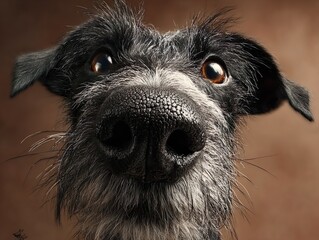 Close-up portrait of a curious brown and black terrier dog looking into the camera with a cloudy sky background, showing expressive eyes and wet nose detail