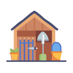 Illustration of a charming garden shed with tools and plants for gardening