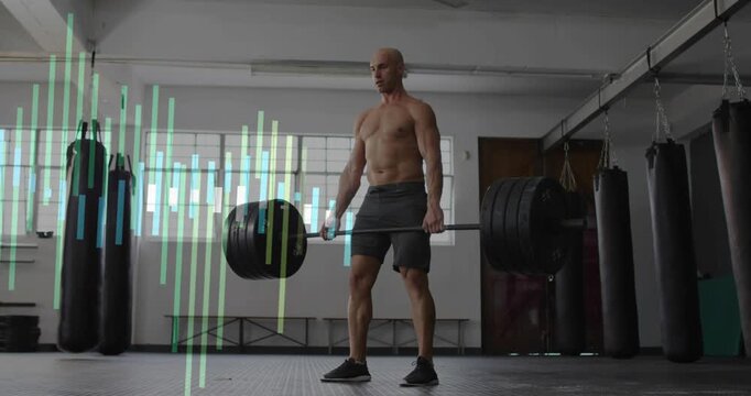 man gripping barbell, engaging core as colored bars fading in animating deadlift for fitness