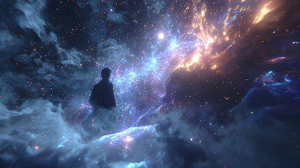 Fototapeta premium Cosmic Encounter: A Silhouette Amidst Celestial Fireworks