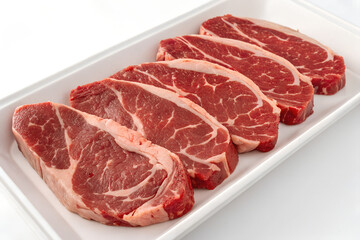 raw halal beef meat on a plate. beef steak pieces on a plate