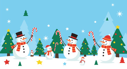 Happy snowmen with candy canes and scarves celebrate the winter holiday season among Christmas trees and falling snowflakes.