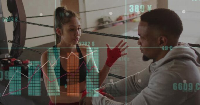 Female boxer placing hand on coach forearm and initiating data overlay with rising training charts