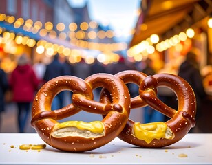Close-up of two fresh pretzels with mustard at a festive outdoor market