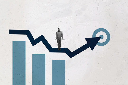 Collage with person observing rising arrow symbolizing startup growth business income statistics trading decrease increase