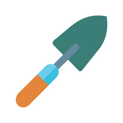 Minimalist garden trowel illustration with teal blade, blue accent, and orange handle