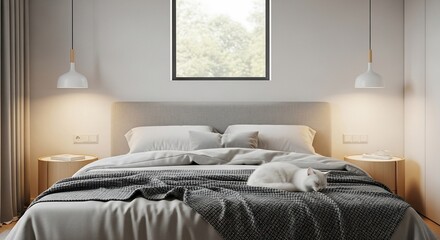 White cat sleeping peacefully on a cozy bed in a modern bedroom with soft lighting and minimalist decor, creating a serene and inviting atmosphere.