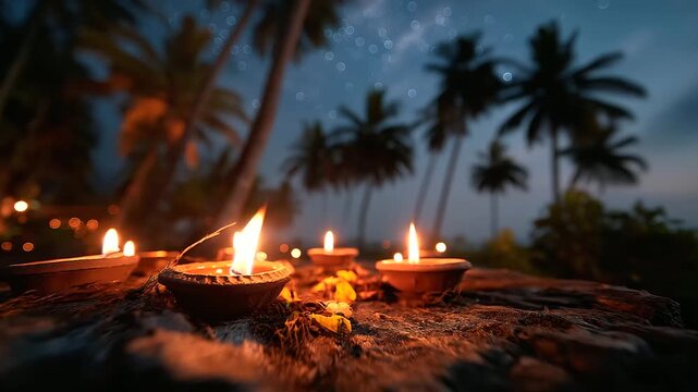 A tranquil Onam evening with a family lighting clay lamps around a pookalam gentle breeze rustling coconut palms stars twinkling above Onam evening clay lamps pookalam glow