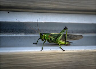 Close up profile of a bright green grasshopper with long antennae resting on a textured surface insect