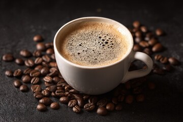 Fototapeta premium Black table with espresso cup and scattered beans