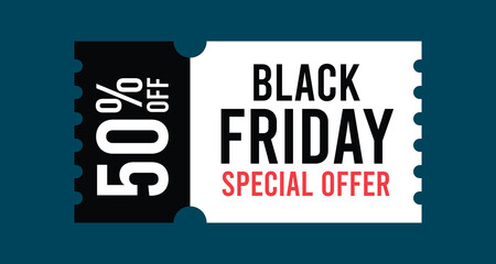Black Friday Discount Coupon with 50 Percent Off Special Offer Text on Ticket Shape Isolated Flat Style Vector Illustration