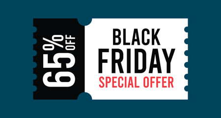 Black Friday Discount Coupon with 65 Percent Off Special Offer Text on Ticket Shape Isolated Flat Style Vector Illustration