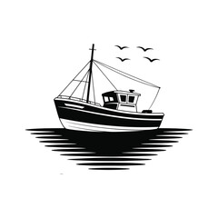 Black and white silhouette of a fishing boat with seagulls flying above stylized water birds vector illustration..