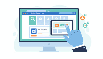 Digital illustration of a hand interacting with a computer screen displaying an online career hub with job vacancies and a post job option, symbolizing modern recruitment and employment opportunities.